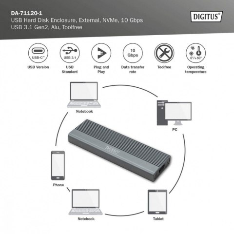 Obudowa USB 3.1 Typ C na dysk SSD M.2 NVMe 10 Gbps aluminiowa, beznarzędziowa