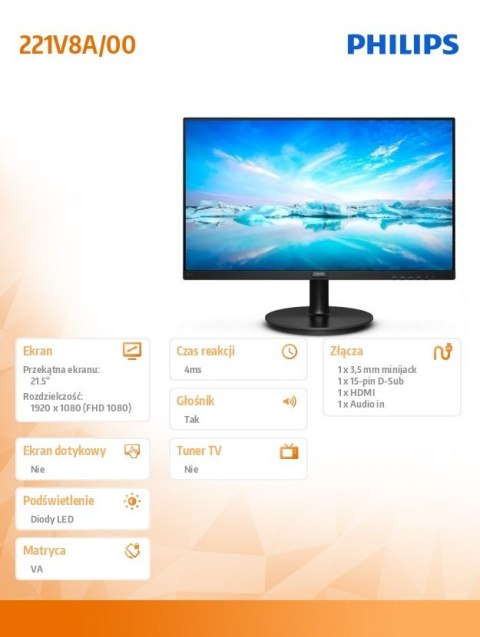 Monitor 21.5 cali 221V8A VA HDMI Głośniki