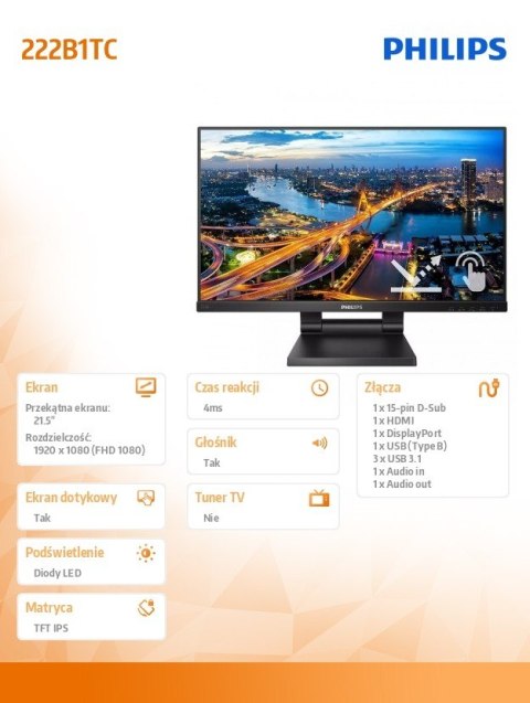 Monitor 21.5 cali 222B1TC IPS Touch HDMI DP