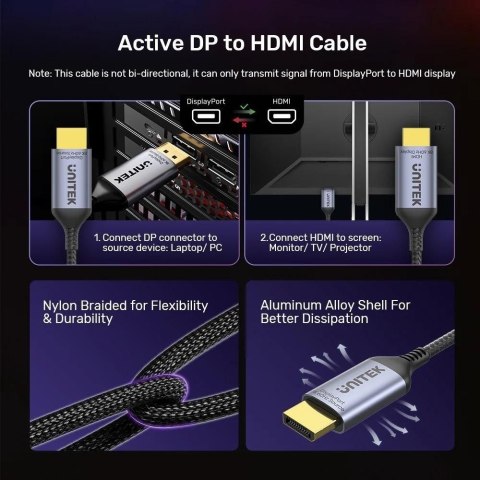 UNITEK KABEL DISPLAYPORT 1.4 DO HDMI 2.1, 8K, 1,8M