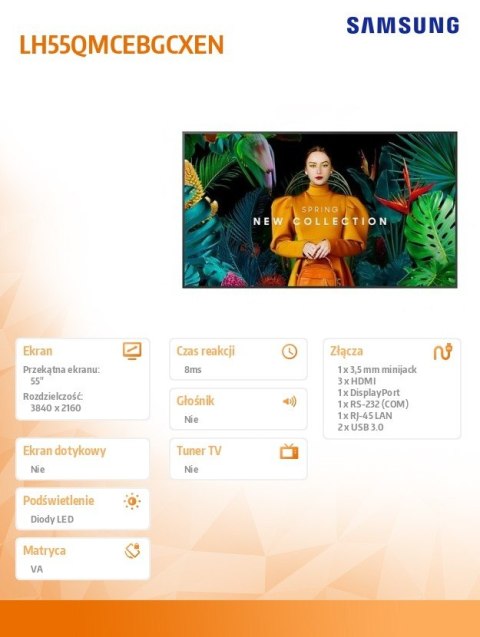 Monitor profesjonalny QM55C 55 cali Matowy 24h/7 500(cd/m2) 3840 x 2160 (UHD) S10 Player (Tizen 7) WiFi/BT 3 lata On-Site (LH55Q