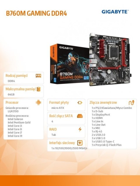 Płyta główna B760M GAMING DDR4 s1700 2DDR4 DP/HDMI mATX