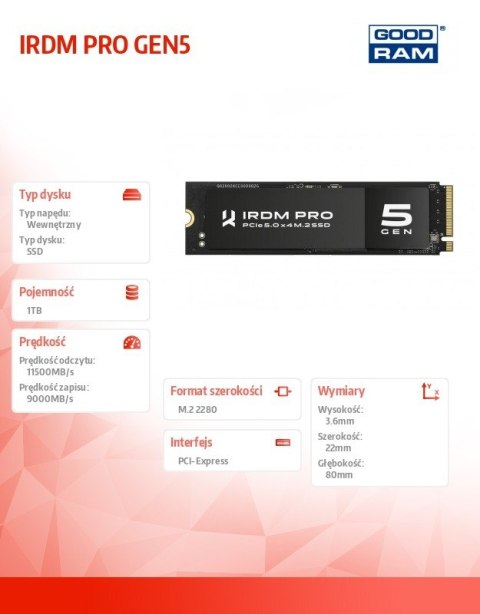 Dysk SSD IRDM PRO P54S Gen5 1TB 5x4 2280 5x4 2280 11500/9000MB/s