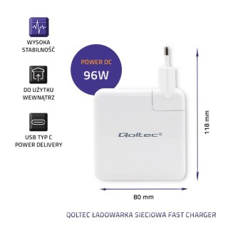 Qoltec Ładowarka sieciowa FAST 96W | 5-20V | 3- 4.7A | USB C PD | Laptop | Smartfon | Biała