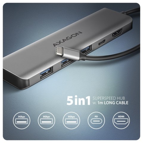 Axagon HMC-5H USB-C 3.2 Gen 1 hub 3x USB-A 4K HDMI PD 100W - Silber Przewodowa USB 3.2 Gen 1 (3.1 Gen 1) Type-C Srebrny