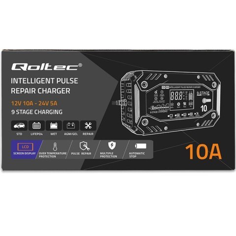 Qoltec 52482 Inteligentna ładowarka do akumulatora STD AGM GEL LiFePO4 | Prostownik z funkcją naprawy |12-24V |10A | LCD | 9 - s