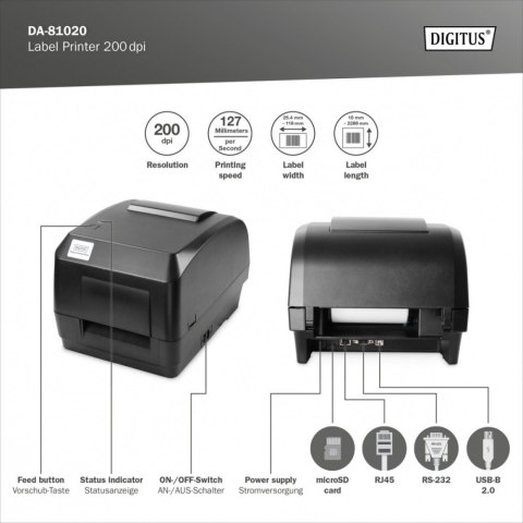 Biurkowa drukarka etykiet, termiczna, 200dpi, USB 2.0, RS-232, Ethernet