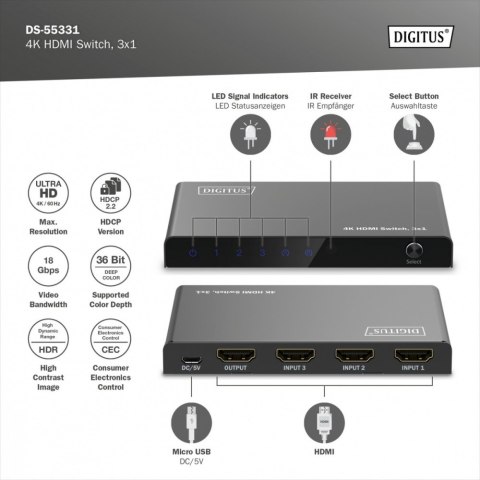 Przełącznik/Switch 4K HDMI 3x1, 60Hz HDCP 2.3, pilot, Czarny