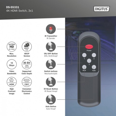 Przełącznik/Switch 4K HDMI 3x1, 60Hz HDCP 2.3, pilot, Czarny