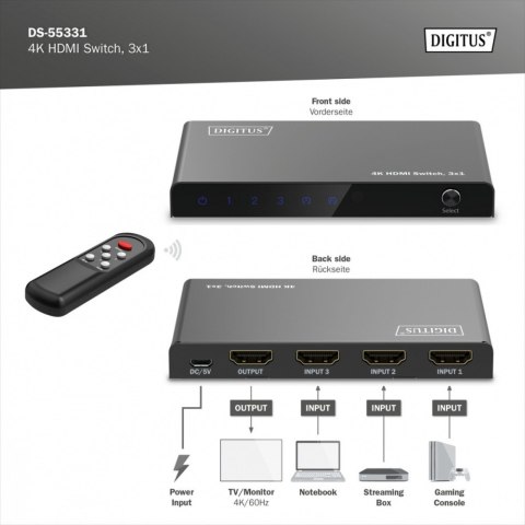 Przełącznik/Switch 4K HDMI 3x1, 60Hz HDCP 2.3, pilot, Czarny