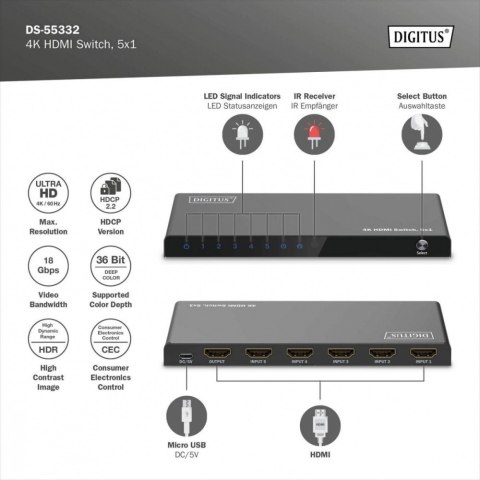 Przełącznik/Switch 4K HDMI 5x1, 60Hz HDCP 2.3, pilot, Czarny