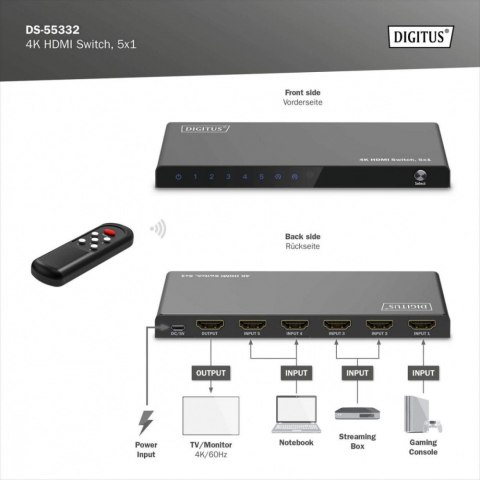 Przełącznik/Switch 4K HDMI 5x1, 60Hz HDCP 2.3, pilot, Czarny