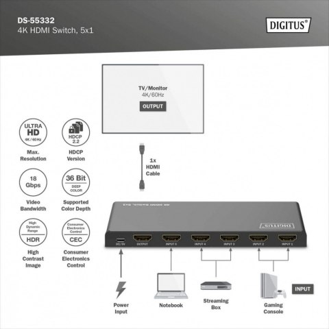 Przełącznik/Switch 4K HDMI 5x1, 60Hz HDCP 2.3, pilot, Czarny