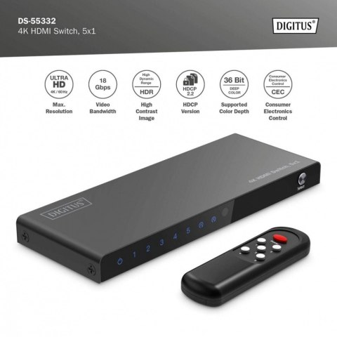 Przełącznik/Switch 4K HDMI 5x1, 60Hz HDCP 2.3, pilot, Czarny