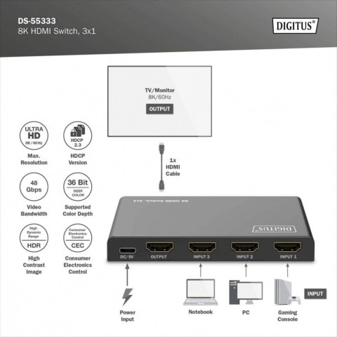 Przełącznik/Switch 8K HDMI 3x1, 60Hz (4:4:4), HDR, HDCP 2.3, pilot, Czarny