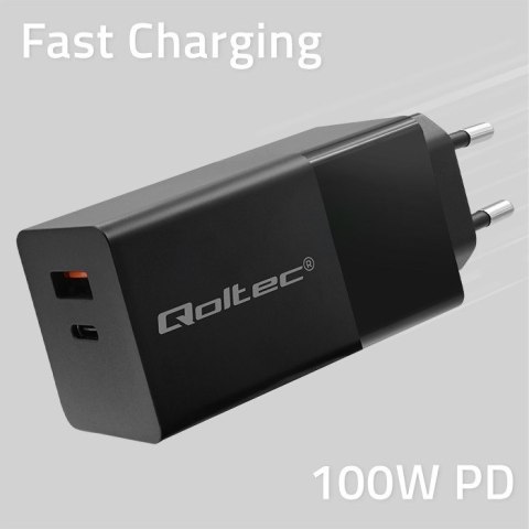 QOLTEC ŁADOWARKA GAN POWER PRO | 1XUSB-C | 1XUSB | 100W | 5-20V | 1.5-5A | PD | CZARNA