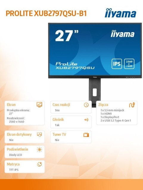 Monitor 27 cali XUB2797QSU-B1 IPS,HDMI,DP,100Hz,QHD,HAS(150mm),1ms, 2xUSB(3.2),2x2W,ADAPTIVE SYNC,FlickerFree