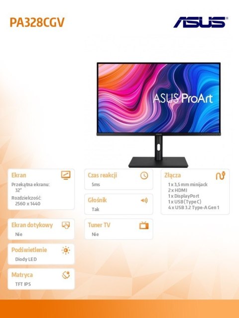 Monitor 32 cale PA328CGV PROART IPS WQHD 165Hz 100% sRGB HDR600 100MLN:1 600cd/m2 HDMI DP USB USB-C Głośnik PIVOT