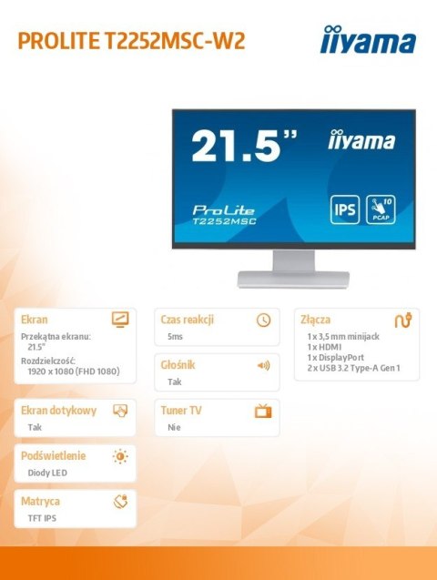 Monitor 22 cale T2252MSC-W2 10 PKT. POJ,IPS,HDMI,DP,2x1W,7H