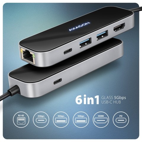 HMC-6GLN Wieloportowy hub USB 6in1, 5Gbps, 2xUSB-A, 1x USB-C, GLAN, HDMI 4K/60Hz, PD 100W, 20cm USB-C kabel