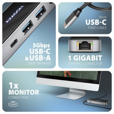 HMC-6GLN Wieloportowy hub USB 6in1, 5Gbps, 2xUSB-A, 1x USB-C, GLAN, HDMI 4K/60Hz, PD 100W, 20cm USB-C kabel