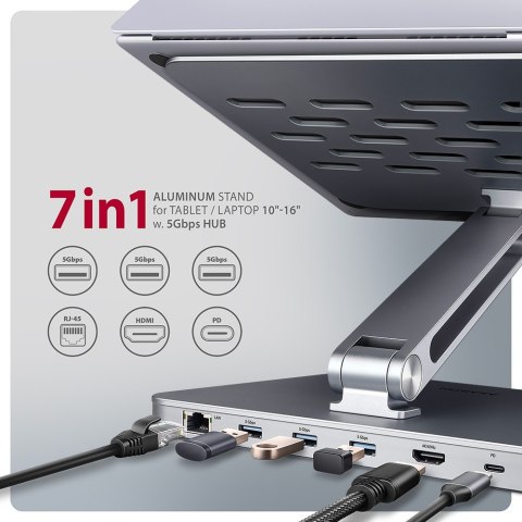 HMC-STND Stojak z wieloportowy hub Aluminiowy 7in1, 5Gbps, do 10"-16" cali laptopów, nastawny, 3x USB-A, HDMI 4K/60Hz, GLAN, PD 