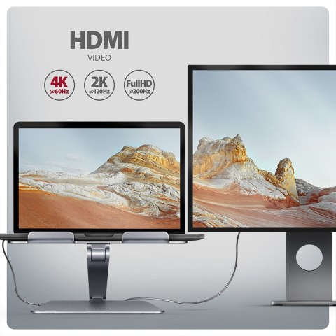 HMC-STND Stojak z wieloportowy hub Aluminiowy 7in1, 5Gbps, do 10"-16" cali laptopów, nastawny, 3x USB-A, HDMI 4K/60Hz, GLAN, PD 