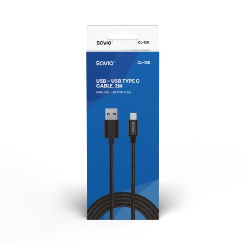 Kabel SAVIO CL-129 (USB typu C - USB 2.0 typu A ; 2m; kolor czarny)