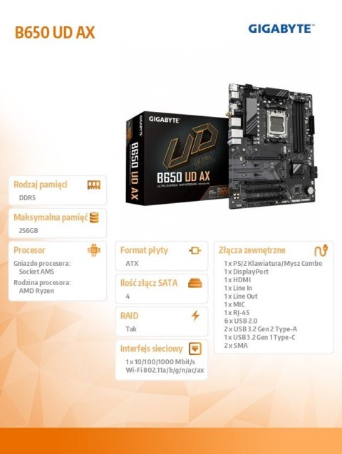 Płyta główna B650 UD AX AM5 4DDR5 HDMI/DP ATX