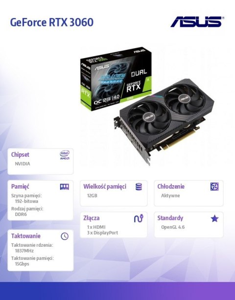 Karta graficzna GeForce RTX 3060 DUAL OC V2 12GB GDDR6 192bit 3DP/HDMI