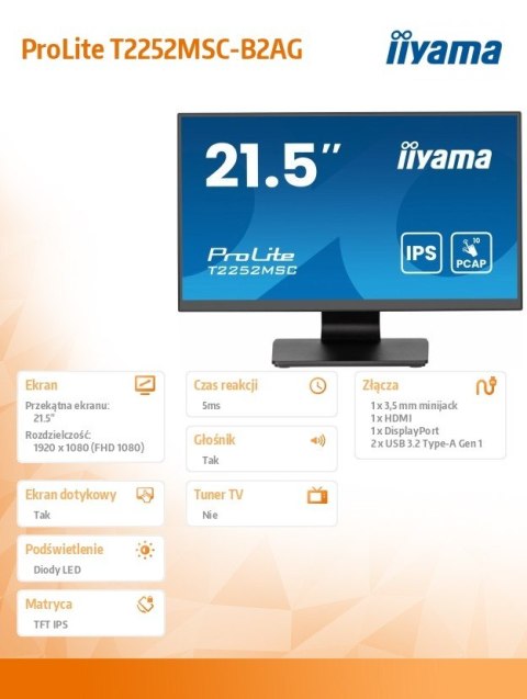 Monitor 22 cale T2252MSC-B2AG 10 PKT. POJ,IPS,HDMI,DP,2x1W,7H,2xUSB, AG-(Anti Glare)