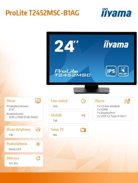 Monitor 24 cale T2452MSC-B1AG 10 PKT. POJ,IPS,HDMI,DP,2x1W,7H,2xUSB, 400cd/m2,AG-(Anti Glare)