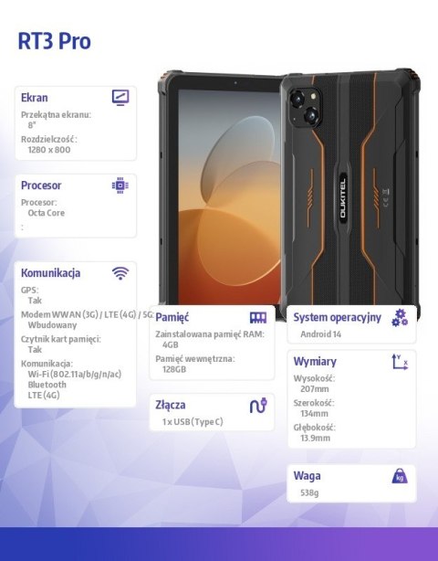 Tablet RT3 Pro 4G 8 cali 4/128GB Rugged Pomarańczowy