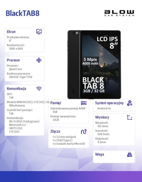 Tablet BlackTAB8 3/32GB 4G LTE 8 cali Czarny