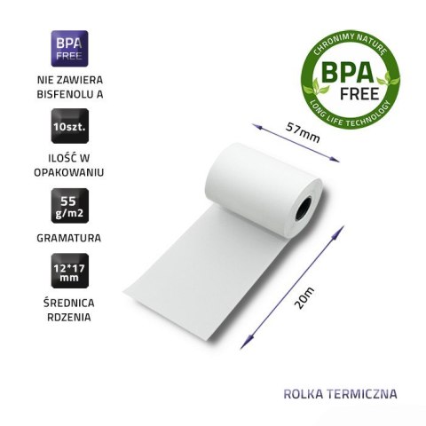 QOLTEC ROLKA TERMICZNA 57X20 | 55G/M2 | 10SZT | BPS FREE