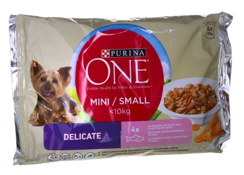 PURINA One Mini Delicate z łososiem, ryżem i marchewką - mokra karma dla psa - 4x 100g