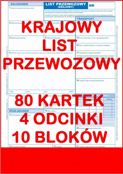 Krajowy List Przewozowy 80 kartek - 4 odcinki - 10 sztuk