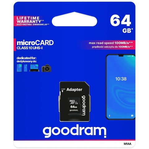 GOODRAM Karta Pamięci MicroSD 64GB CL10 UHS I + Adapter