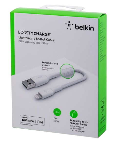 BELKIN KABEL USB A-LIGHTNING, OPLOT, 0.15M, BIAŁY