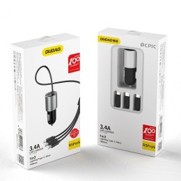 3w1 ładowarka samochodowa USB + wbudowany kabel Lightning USB-C micro USB czarny