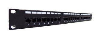 Patch panel 19" 24 porty, kat.6, U/UTP, 1U, wspornik kablowy, czarny (kompletny)